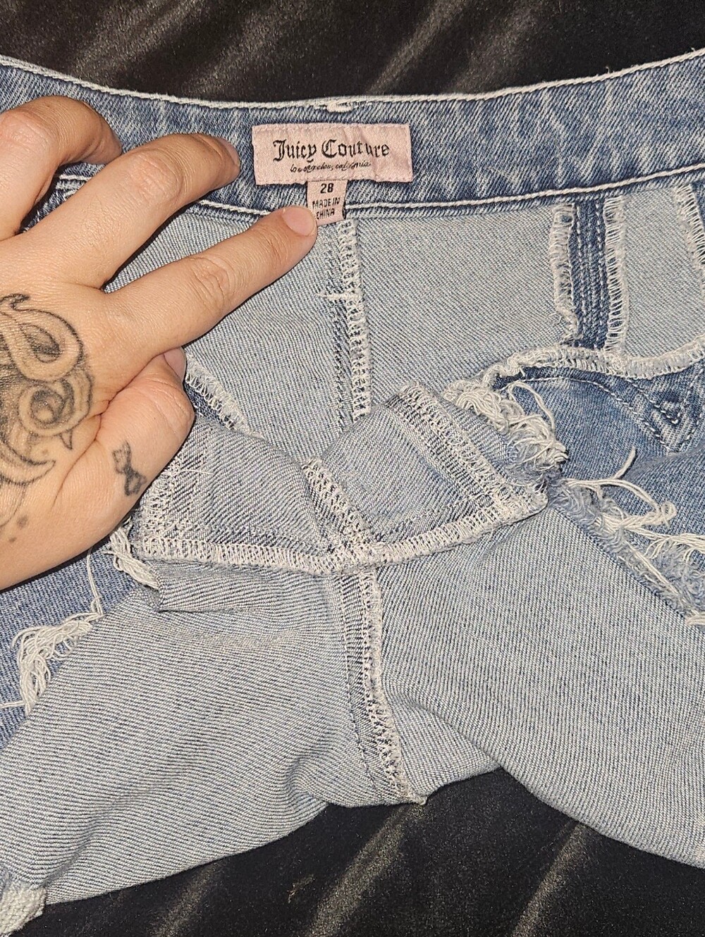 Juicy Couture Light Blue Distressed Heart Back Pocket Denim Shorts - Picture 3 of 3